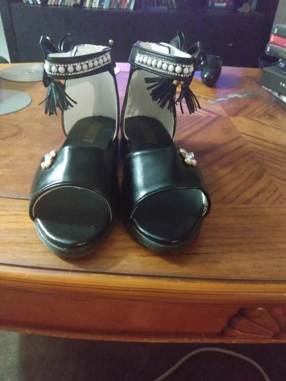 Black Embellished Bow Open-Toe Girls Sandals